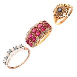 Unmarked yellow metal, ruby and diamond dress ring set ten rubies within diamond chip border, size