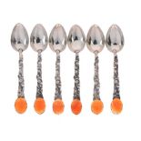 Set six Chinese white metal and hardstone coffee spoons