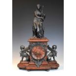 19th Century French Egyptian Revival rouge marble and spelter mantel clock