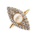 Cultured pearl and diamond marquise cluster 18ct gold ring,