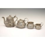 Late 19th century Colonial Indian white metal matched four-piece teaset in the Kutch manner