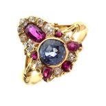 Edwardian sapphire, ruby and diamond 18ct gold ring,