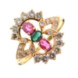 Diamond, ruby and emerald dress ring,