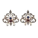 Pair of diamond, pearl, ruby and sapphire set brooches