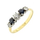 Graduated five stone diamond and sapphire ring,