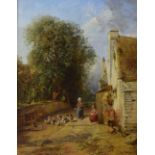 English School, mid 19th Century - Oil on canvas - feeding geese