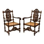 Pair of 17th Century-style cane-seated fruitwood occasional chairs