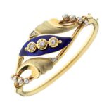 Diamond, split pearl and enamel hinged bangle,