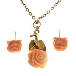 9ct gold rose-carved coral pendant, chain, and pair of matching ear studs