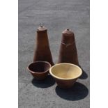 Pair of terracotta rhubarb forcers and bowls