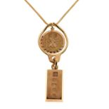 Elizabeth II 9ct gold ingot pendant, 9ct St Christopher and 18ct chain