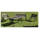 Suite of cast metal and slatted wood garden furniture