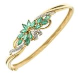 9k yellow metal, emerald and diamond snap bangle