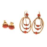 Pair of 9ct gold and coral-mounted ear studs