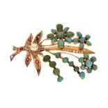 Yellow metal, turquoise, pearl ruby and diamond chip-set spray brooch