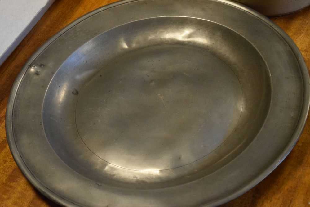 Pair of antique pewter plates, and a stoneware flagon - Image 3 of 6