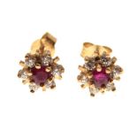 Pair of yellow metal cluster ear studs,