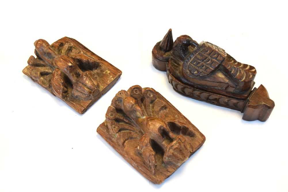 Treen bird-form box and two carved mounts