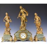 French gilt spelter and green onyx three-piece clock garniture, Japy Freres,
