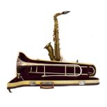 Cased trombone and saxophone