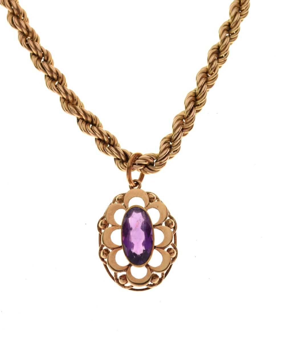 9ct gold rope-link necklace with amethyst