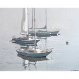 Eric Craddy - Oil on board - Yachts in Brixham Outer Harbour