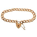 Hollow curb-link charm bracelet with heart padlock, 9.3g