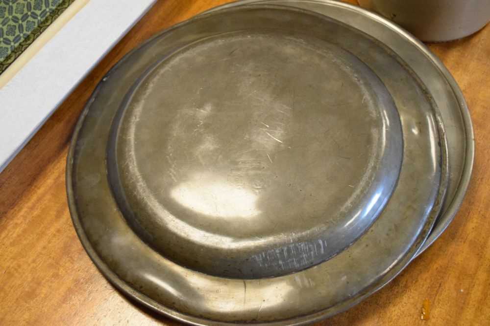Pair of antique pewter plates, and a stoneware flagon - Image 4 of 6