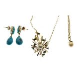 9ct gold, pearl and turquoise 'sunburst' pendant