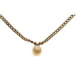9ct gold curb chain, 41cm long approx, with single cultured pearl pendant