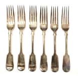 Set of six George V silver fiddle pattern dessert forks,