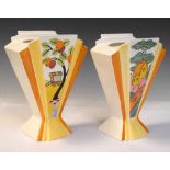 Clarice Cliff limited edition - Two 'Sun Ray' vases 'Caravan' and 'Orange Roof Cottage'