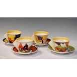 Clarice Cliff limited edition ceramics - Set of four 'Taking Tea with Clarice' cups and saucers