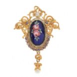 Italian '750' sapphire and cultured pearl pendant/brooch