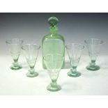 Green 'Soda' glass decanter and five glasses,