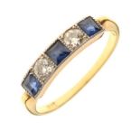 Yellow metal, sapphire and diamond five-stone ring