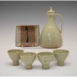 Leach Pottery mead jug and four cups and Janet Leach dish