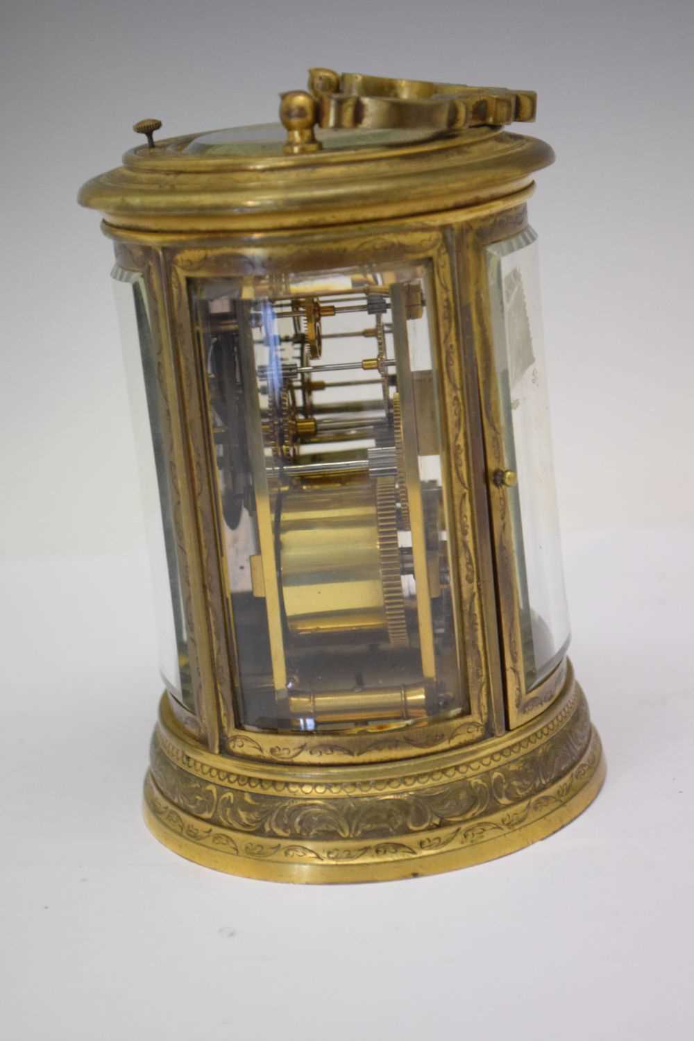 Oval engraved brass-cased repeater carriage clock - Image 3 of 9