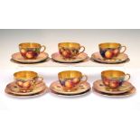 Six Royal Worcester porcelain fruit painted cups, saucers and plates