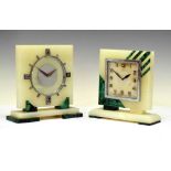 Two Art Deco style onyx and malachite mantle clocks