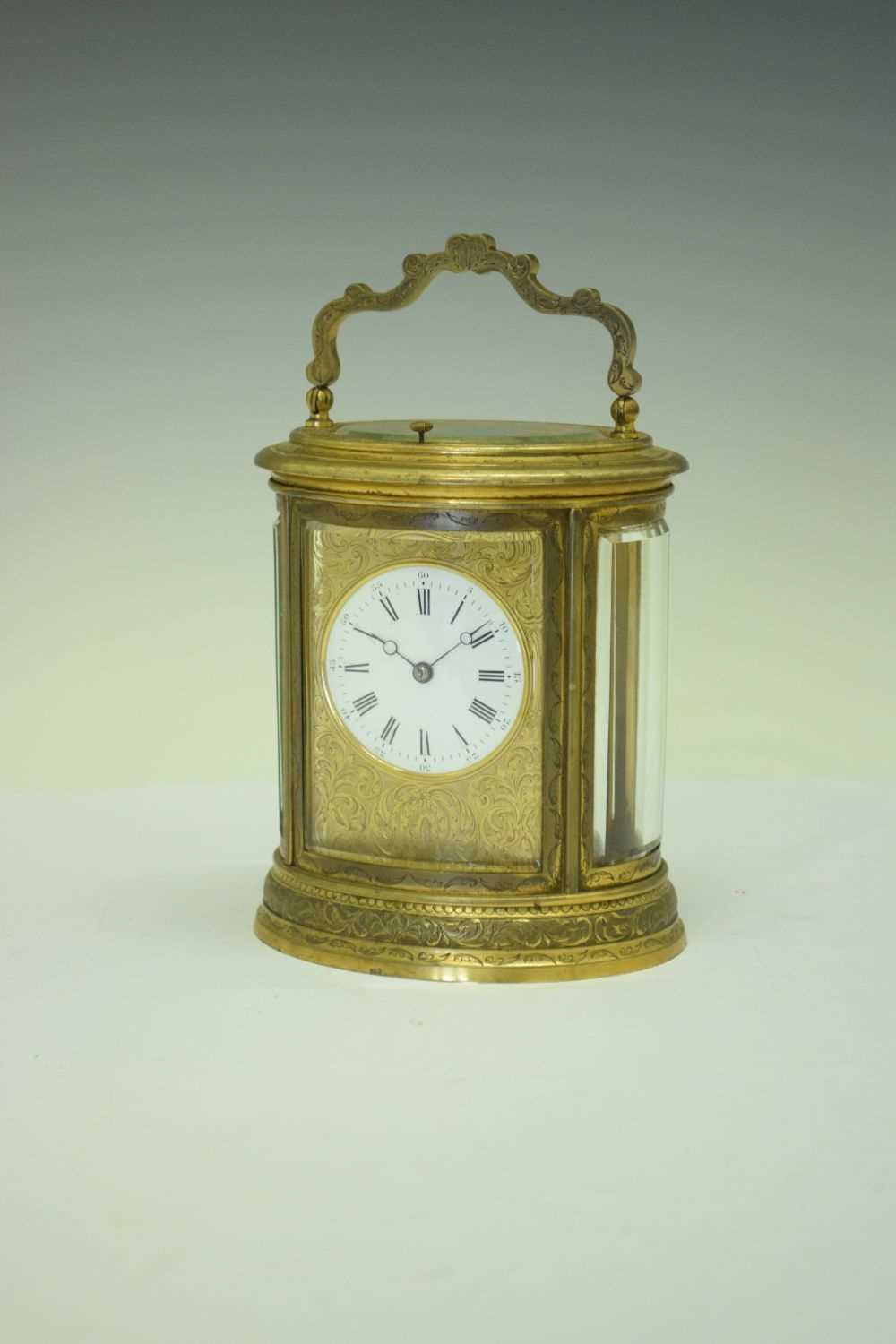 Oval engraved brass-cased repeater carriage clock - Image 9 of 9