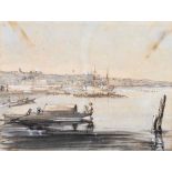 Circle of George Chinnery - sepia ink - river scene, unframed