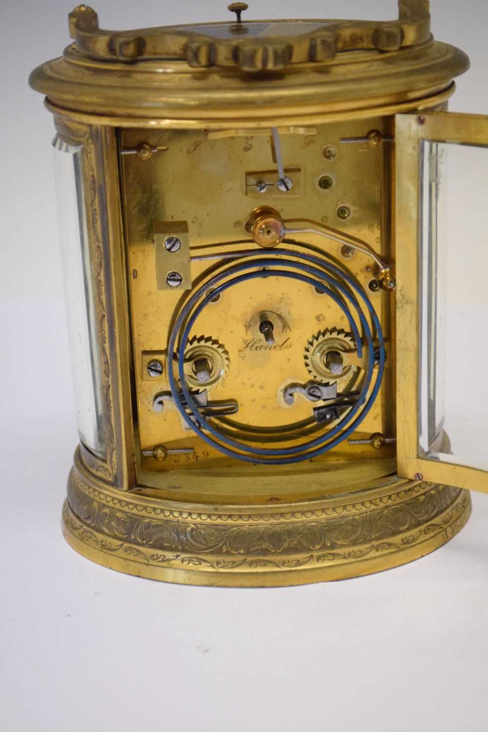 Oval engraved brass-cased repeater carriage clock - Image 5 of 9