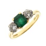 Diamond and emerald three stone 18ct gold ring,
