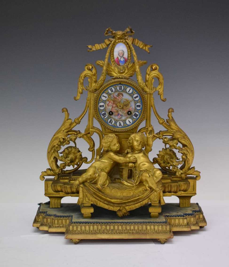 Mid 19th Century French gilt bronze and porcelain mantel clock