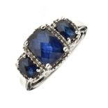 Sapphire and diamond triple cluster ring