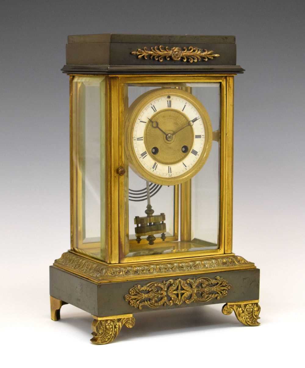 French lacquered and anodised brass four-glass mantel clock