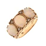 9ct gold three stone opal ring,