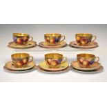 Six Royal Worcester porcelain fruit painted cups, saucers and plates,