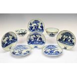 Six blue and white porcelain saucer dishes and two bowls